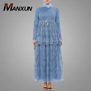 Vestido de encaje de talla grande para mujeres musulmanas, vestido azul de bebé de fábrica china, bajo en capas, manga larga, Abaya