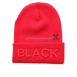 Red puff embroidery winter beanie hats for wholesales