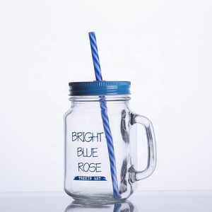 Bán Buôn 12Oz/16Oz/32Oz LOGO In Thủy Tinh Đồng Bằng Mason <span class=keywords><strong>Jar</strong></span> Uống Cup/Mug Với Handle Và Rơm Nắp - Product Image 3