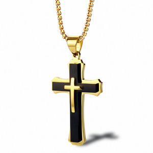 Mode Tiegel Edelstahl Silber Drei schicht ige Unisex Kreuz Halskette 24 Zoll