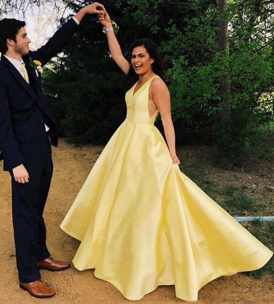 V-neck Simple Satin a-Line Beach Bridal Yellow Long Dress