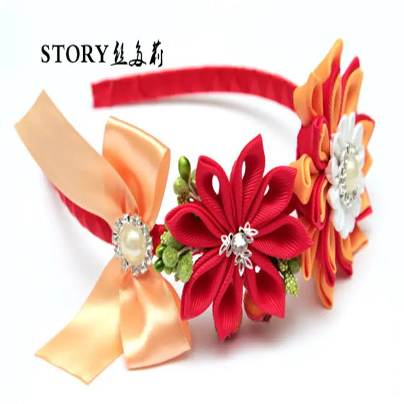 Japanese baby girl handmade Red orange wedding flowers crown tiara Tsumami Kanzashi bow Headband