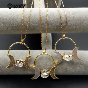 WT-N1075 WKT Wholesale Fashion Crescent Horn Drusy Ball Clear <strong>Crystal</strong> 24k <strong>Real</strong> Gold Plated Stick Chain <strong>Crystal</strong> Druzy Necklace - Product Image 1