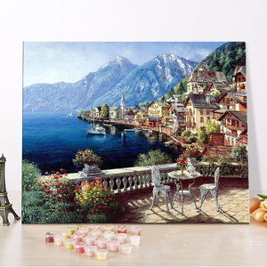 CHENISTORY 99021-Y Custom designs DIY peinture <span class=keywords><strong>bord</strong></span> <span class=keywords><strong>de</strong></span> <span class=keywords><strong>mer</strong></span> village maison peinture par numéro kit peinture à l'huile à la main sur toile - Product Image 1
