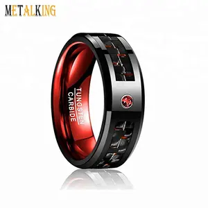 8mm Men's Black Tungsten Ring Black Red Carbon Fiber and Red Cubic Zirconia Inlay Red Aluminum Inner Beveled Edge
