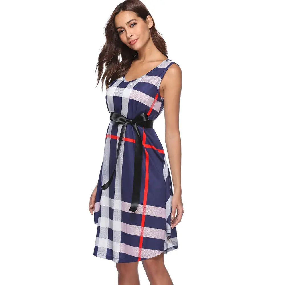 Hot Sale Womens Dresses Summer Plaid Striped Sleeveless V Neck Belted A-Line Casual Midi Dress