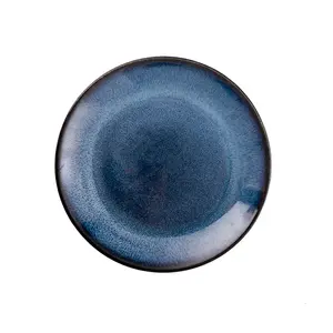 Ceramic Fambe Dinnerware Round Flat Plate Blue Glazed Shallow Plate Blue Western Dessert Salad Steak Plate