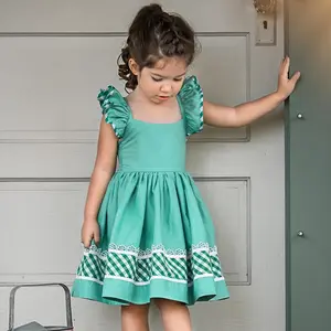 Оптовая продажа, летнее зеленое платье для девочек, платье принцессы с оборками на рукавах и открытой спиной, сетчатые кружевные Детские платья для девочек, одежда
