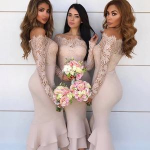 ארוך שרוולים באורך הברך סאטן ותחרה קוריאני דפוסי שושבינה שמלה - Product Image 5