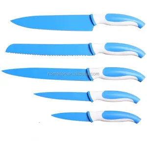  Knife Set, Kitchen Non Stick Knives Set with Block Thick Blade  Cutlery Knife Block Sets with Sharpener 6pcs Steak Knife Shears Chef Sharp  Quality Aluminum Alloy Block Blue Handle and Blade