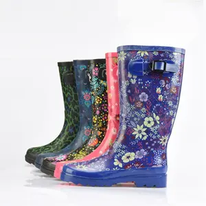 New Style China Cheap Western Antislip Fancy Colorful Printed With Buckle Design Fashionable Natural Rubber Boots Wellies Women