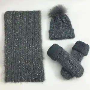 2024 neu winter mädchen niedlicher schal pelz pompon hut handschuhe sets damen gestrickter hut handschuhe schal set