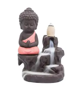 ceramic Buddha Incense Burner Holder Backflow Tower Cones Sticks Ceramic Porcelain Buddha Monk Ash Catcher- Orange