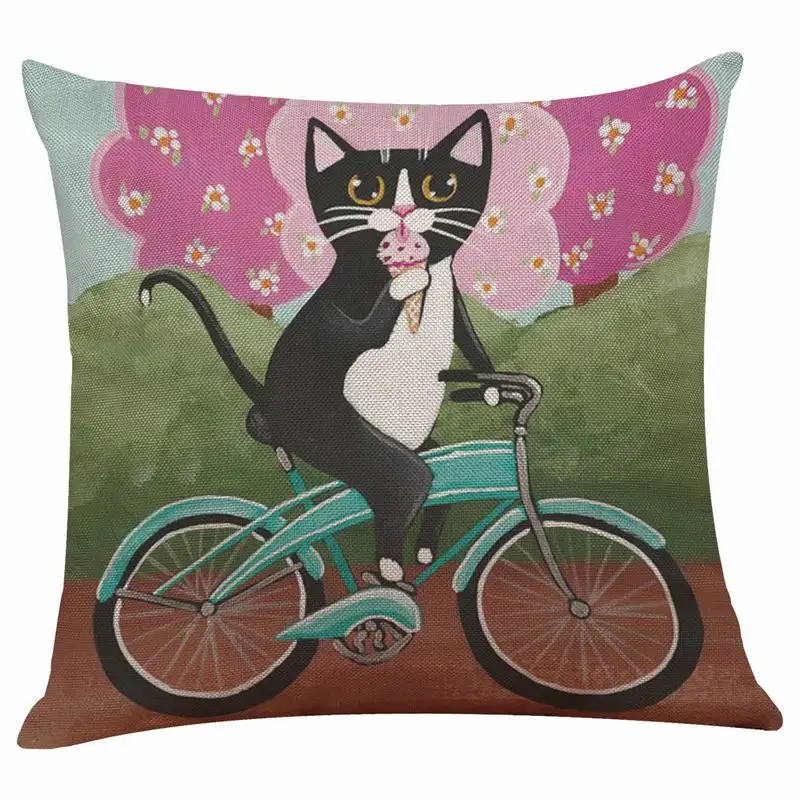 Housses de coussin imprimées réversibles de style dessin animé chat vélo prêt à expédier