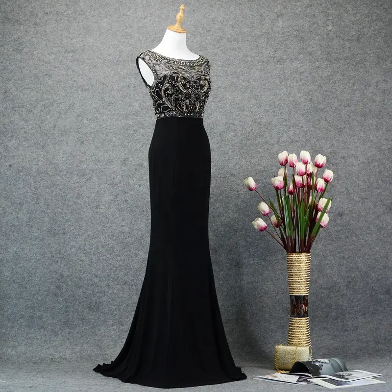 Stokta, yüksek kaliteli ağır boncuklu yapay elmas Illusion boyun 2019 akşam elbise Guangzhou moda toptan akşam gece elbisesi