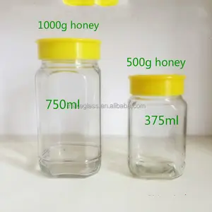 Octagon forma de pote de mel de vidro, 750ml 375ml 500g 1000g com tampa de plástico