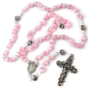 8mm 핑크 컬러 고양이 눈 구슬과 아연 합금 크로스 영광 비즈 로즈 십자가 소녀 - Product Image 3