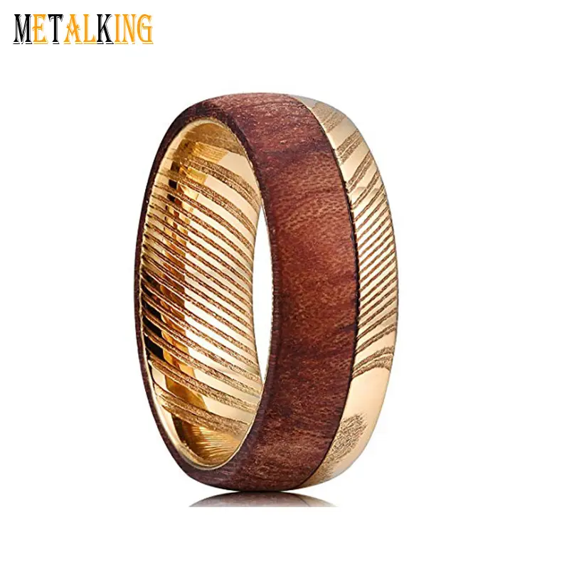 แหวนแต่งงานทำจากเหล็กดามัสกัส,แหวนทองผู้ชายพร้อมฝังไม้ใส่สบาย8มม.