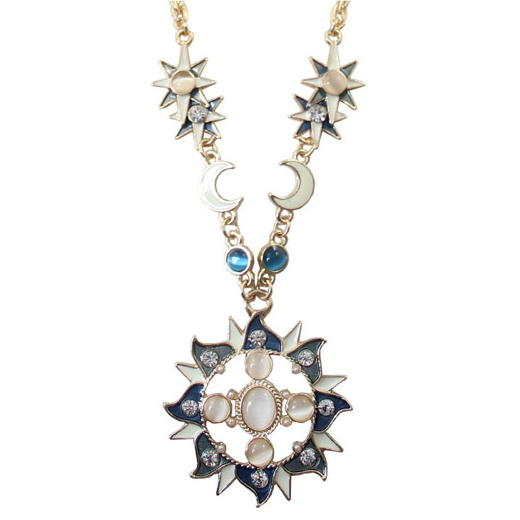 2018 nuevo estilo de moda sol y luna gato ojos de piedra oro collar largo para las niñas