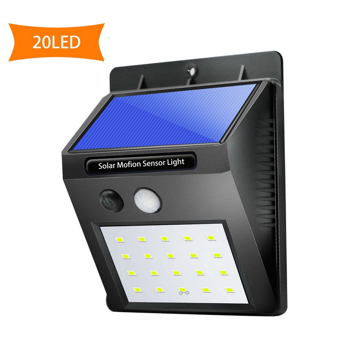 20 светодиодов, солнечный датчик, белый свет, беспроводной водонепроницаемый датчик движения, наружный настенный светильник для безопасности, освещение и схема, дизайн 100