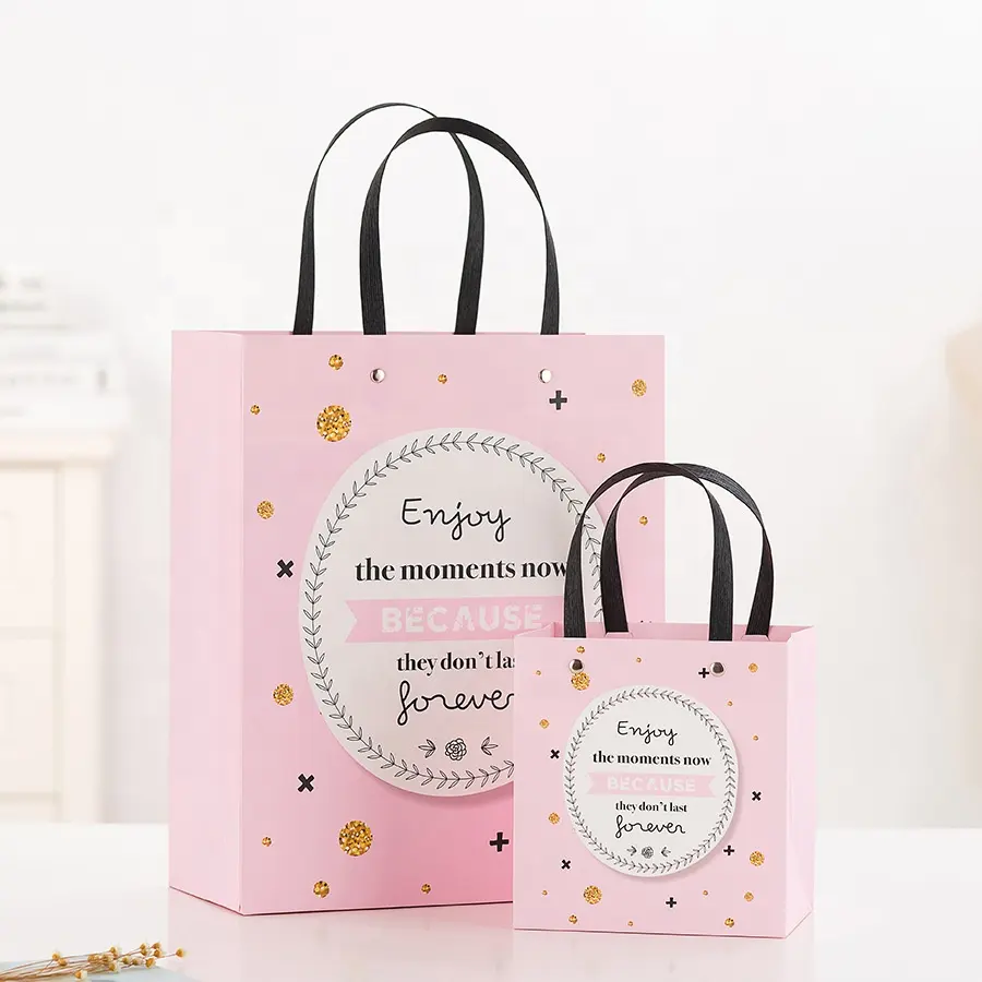 Siap untuk Kapal Disesuaikan Kertas Belanja Pink Kertas Hadiah Tas Tangan dengan Logam Tombol