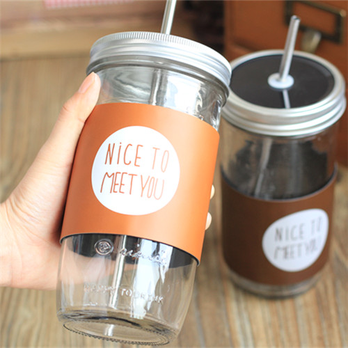 Haonai glass mason jar with split metal lid,stainless steel straw and PU cover,500ml drinking glass jar.