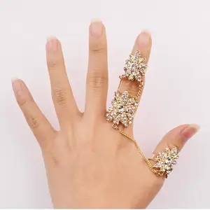 Gold Plated Crystal Rhinestone Flower Double Finger Chain Link Ring Armour Knuckle Rings For Women Fine Jewelry #1131