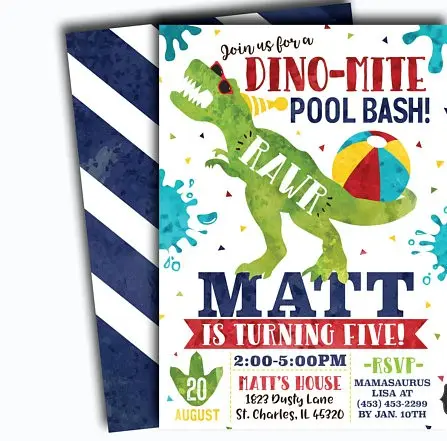 Dinosaur Birthday Invitation Dinosaur Invite t-rex birthday invite Pool Party 5" x 7" Dinosaur Note Card Set party decorations