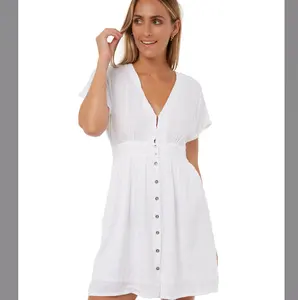 Соблазнительные белые льняные однобортные платья с V-образным вырезом спереди для женщин, новое женское платье оптом