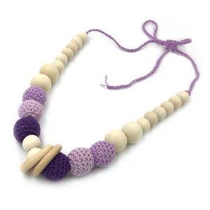 Hot Sale Baby Shower Gift Wooden Teether Chew Crochet Beads Necklaces Wooden Ring Teether