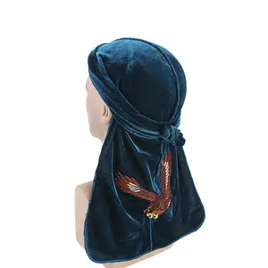 Erkekler Durag kartal desen kadife Doo Rag Duragesic uzun türban başkanı Wrap Durags erkekler için