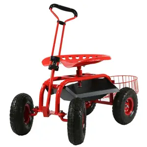 Garden Wagon Cart Rolling Scooter with Extendable Steer Handle, Swivel Seat and Utility Tool Tray