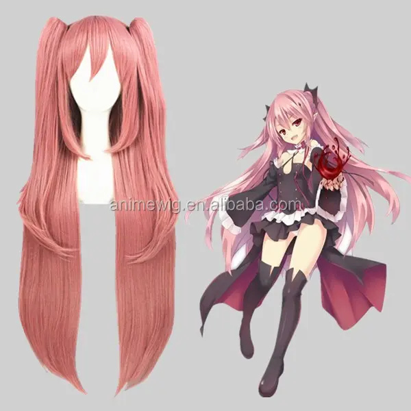 Wholesale 90cm Long Pink Hair Wigs Seraph Of The End Cosplay Synthetic Anime Cosplay Wig with 2 Ponytails
