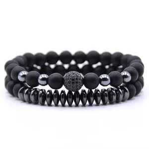 2pc/sets beads Natural stone Bracelets for women Micro Pave CZ Ball Charms Bracelet Men jewelry (KB8023)