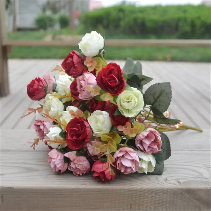 Cabeças de rosa de seda artificiais para casamento, buquê decorativo de rosas, flores vermelhas, atacado, F-1049