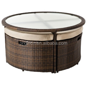 Yuvarlak kesit uzay tasarrufu 4 tabureleri/puf cam üst yemek masası rattan açık <span class=keywords><strong>bistro</strong></span> seti