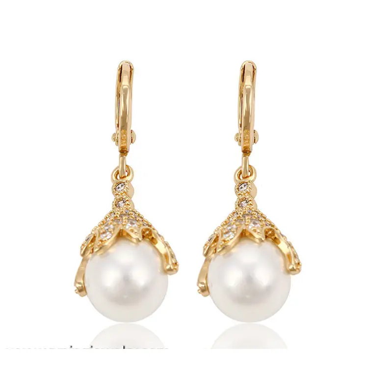 Xuping-pendientes de gota de perla artificial, aretes de gota de oro, 91187