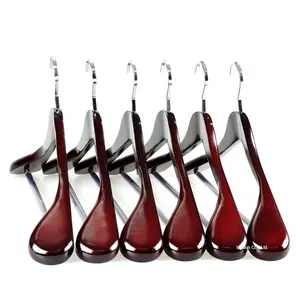 Garment Display Mahogany Wide Shoulder Glossy Finishing Wooden Coat Hangers with Non Slip Pants Bar