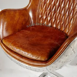 Chaise en forme de boule d'aviation de style vintage, siège en cuir fait à la main, design chic, pivotant en Aluminium marron, chaise arne jacobsen