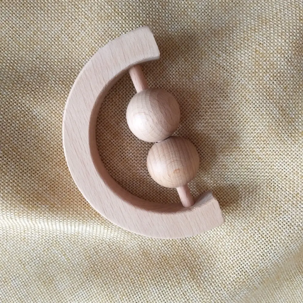 half ring shape wood rattle teether beech wood moon shape shaking rattle with 2 beads