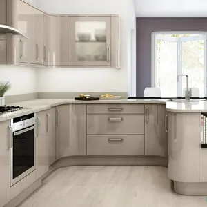 Unit Kabinet Dapur Sudut Mengkilap Kontemporer, Desain Lemari Dapur Kayu Padat Cantik