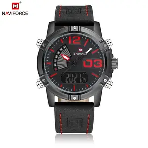 男士运动手表 NAVIFORCE 9095 男士数字模拟电子石英手表 30 米防水红色时钟双显示手表