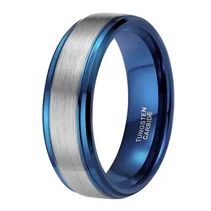 批发8毫米蓝色碳化钨戒指男女拉丝银结婚戒指饰品