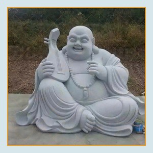 Grande statua di Buddha felice in marmo bianco intagliato in pietra all'aperto - Product Image 1