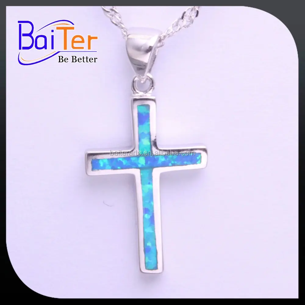 Trendy Fashion Opal Jewelry 925 Stering Silver Simulated Blue Fire Opal Inlay Cross Pendant Necklace