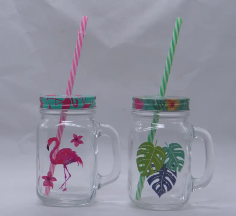 16oz Glass Mason Jar with handle, lid, straw and Flamingo/Leaf Decal dec