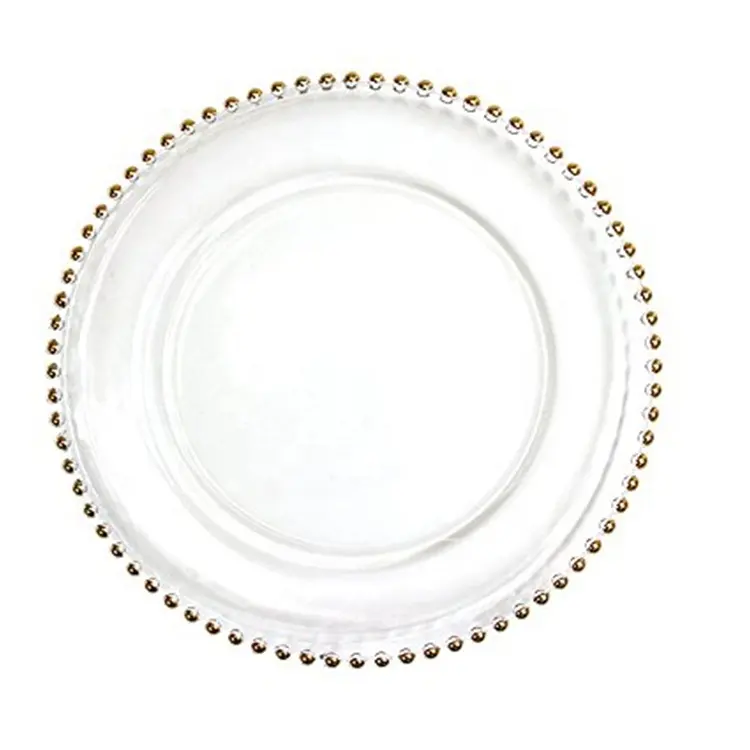 Special Design Sustainable Clear Customized Round Wedding Luxury Glass Dinner Plates With Gold Bead