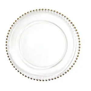 Special Design Sustainable Clear Customized Round Wedding Luxury Glass Dinner Plates With Gold Bead