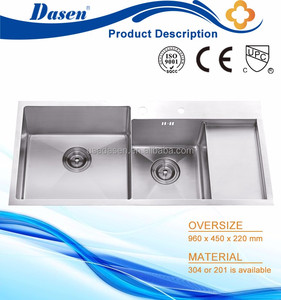 Silver color hand built double bowl drainboard trough sink Foshan factory - Product Image 3