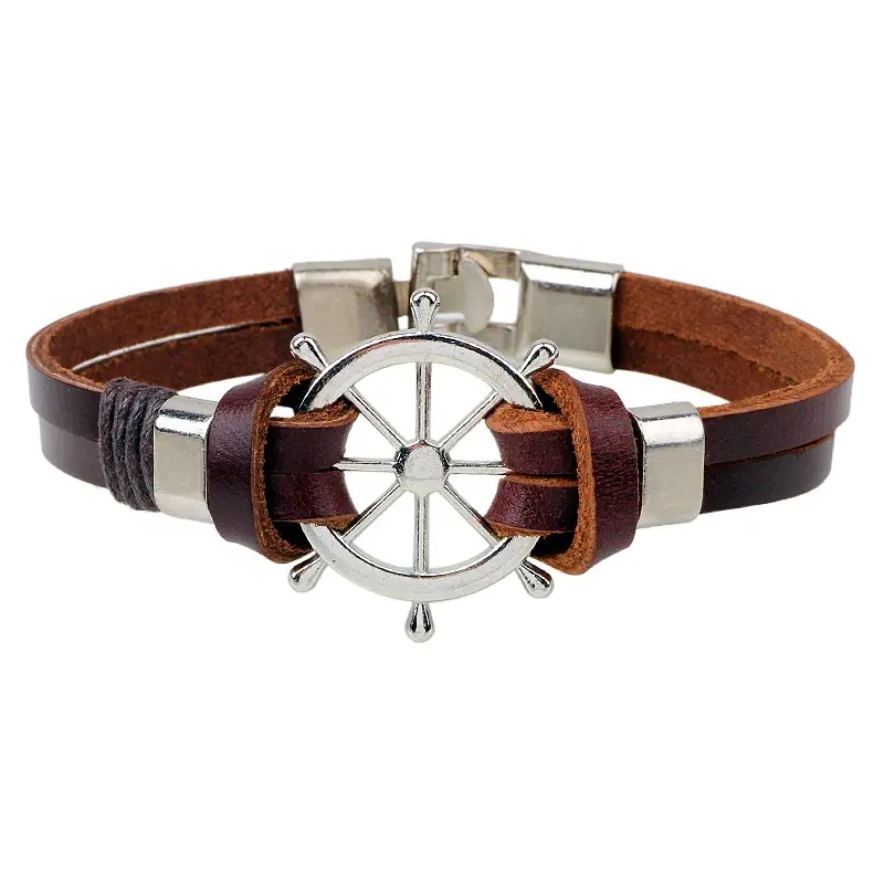 Nautical Anchor Charm Genuine Leather Bracelet Bangle Men Cow Leather Braid Leather Cuff Bangle